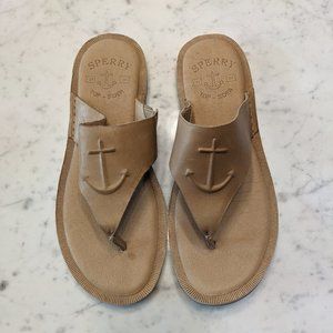 Sperry Seaport Toe Post Thong Sandal Flip Flops Anchor Tan Leather